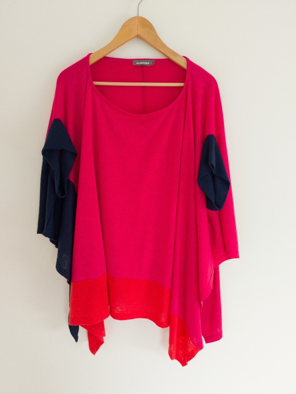 Alembika Colorblock Asymmetric Lagenlook Knit Poncho Top XL Pink Navy